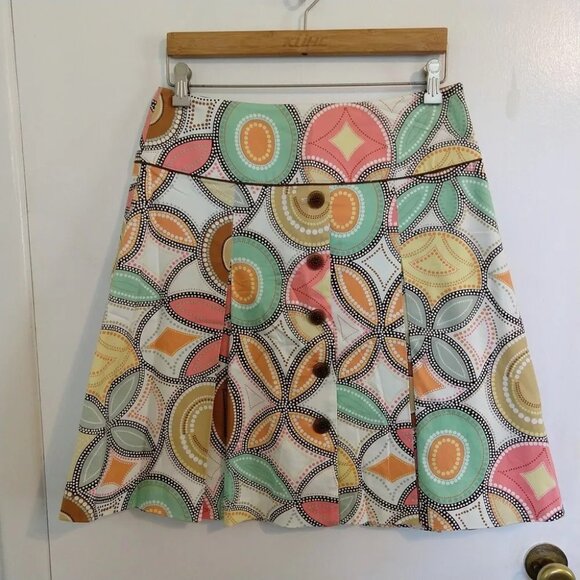 Pleated A-Line Skirt Mod Psychedelic Geo Print 8 Chunky Buttons - Picture 2 of 9
